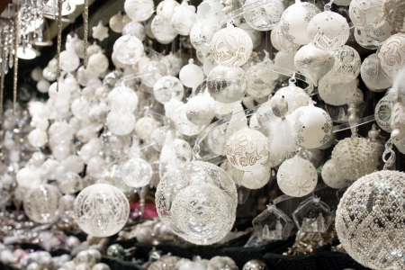 White Christmas decorations on sale at the Christmas marketの写真素材