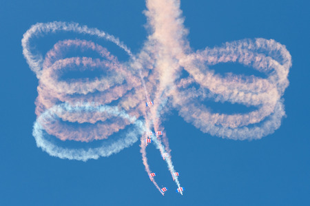 PAYERNE, SWITZERLAND - SEPTEMBER 6: Flight of Royal Air Force Falcons with parachutes in formation...