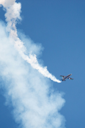 PAYERNE, SWITZERLAND - SEPTEMBER 6: Solo flight of display pilot of Al Fursan Team on AIR14 airshow in Payerne, Switzerland on September 6, 2014のeditorial素材