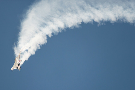 PAYERNE, SWITZERLAND - SEPTEMBER 6: Flight of Rafale jet fighter on AIR14 airshow in Payerne, Switzerland on September 6, 2014のeditorial素材