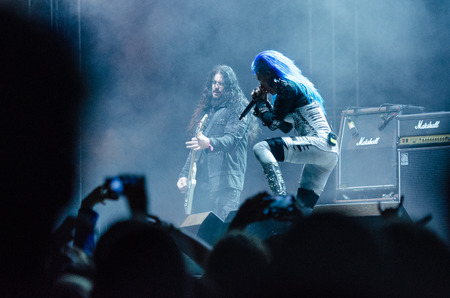 PIESTANY, SLOVAKIA - JUNE 26: Alissa White-Gluz of Swedish melodic death metal band Arch Enemy performs on music festival Topfest in Piestany, Slovakia on July 26, 2015のeditorial素材