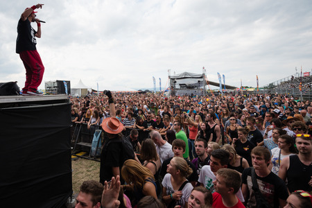 PIESTANY, SLOVAKIA - JUNE 27: Slovak reggae-punk band Smola a Hrusky performs on music festival Topfest in Piestany, Slovakia on July 27, 2015のeditorial素材