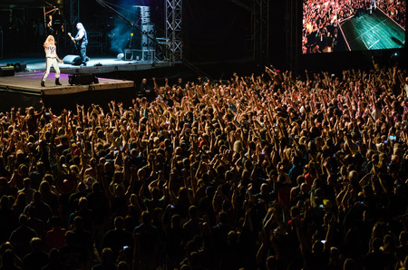 PIESTANY, SLOVAKIA - JUNE 27: fans support American heavy metal band Twisted Sister on music festival Topfest in Piestany, Slovakia on July 27, 2015のeditorial素材