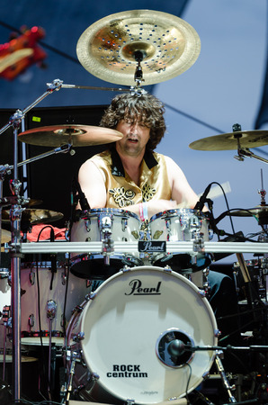 PIESTANY, SLOVAKIA - JUNE 28: drummer of Slovak rock music group Tublatanka performs on music festival Topfest in Piestany, Slovakia on July 28, 2015のeditorial素材