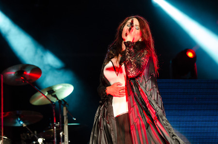 PIESTANY, SLOVAKIA - JUNE 26: vocalist Sharon den Adel of Dutch symphonic metal band Within Temptation performs on music festival Topfest in Piestany, Slovakia on July 26, 2015のeditorial素材