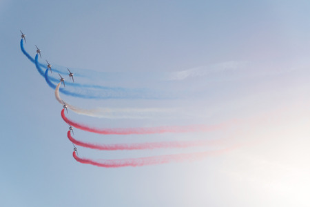 SLIAC, SLOVAKIA - AUGUST 30: Patrouille de France aerobatic team performs flight maneuver in formation at SIAF airshow in Sliac, Slovakia on August 30, 2015のeditorial素材