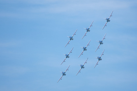 SLIAC, SLOVAKIA - AUGUST 30: Flight in close formation of Italian aerobatic team Frecce Tricolori at...