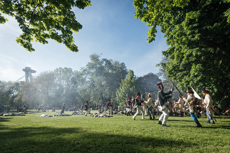 BRATISLAVA, SLOVAKIA - MAY 21: Reenactment of the Siege of Pressburg by Napoleon in 1809 at Bratislava, Slovakia on May 21, 2016のeditorial素材