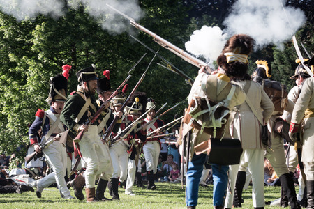 BRATISLAVA, SLOVAKIA - MAY 21: Reenactment of the Siege of Pressburg by Napoleon in 1809 at...