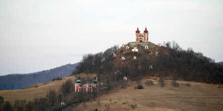 Calvary mount, Banska Stiavnica at night, Slovakiaの写真素材