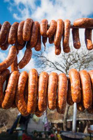 homemade sausages on displayの写真素材