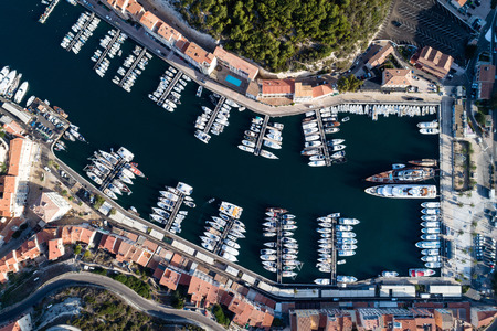 Aerial view of boats and yachts in marina of Bonifacio, Corsica, Franceの写真素材