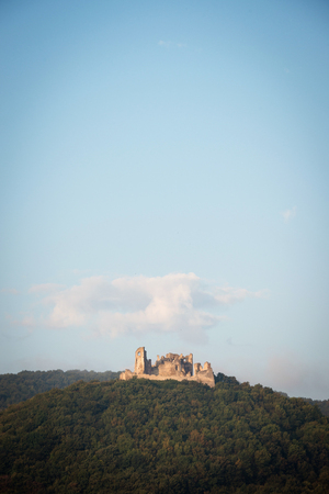 Ruin of Brekov castle on top of the hill in morning light, Slovakiaのeditorial素材