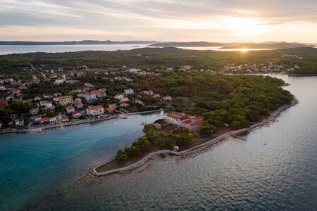 Aerial view of St. Jerolim monastery at Ugljan village during sunset, Croatiaの写真素材