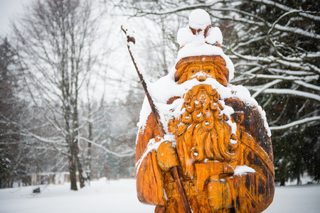 KARLOVA STUDANKA, CZECH REPUBLIC â JAN 2, 2019: Statue of Praded - mythical figure, patron and guard of Jeseniky Mountains in Czech Republic - one of symbols of Czech folklore and legends.のeditorial素材