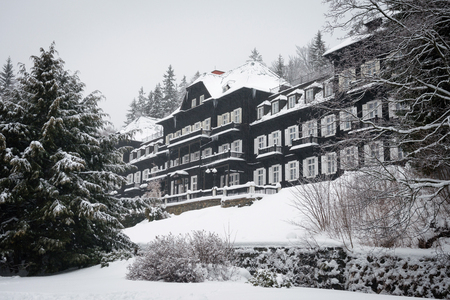 KARLOVA STUDANKA, CZECH REPUBLIC â JAN 2, 2019: Bathhouse Slezsky Dum in Spa Karlova Studanka during winter, Jesenik, Czech Republic. Famous spa where former president Vaclav Havel has been treated.のeditorial素材