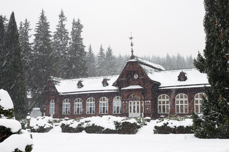 KARLOVA STUDANKA, CZECH REPUBLIC â JAN 2, 2019: Summer Spa building in Mountain Spa Karlova Studanka during winter, Jesenik, Czech Republic.のeditorial素材