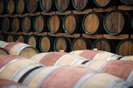 Wooden wine barrels for storage in wine cellar