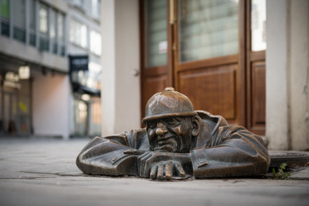 BRATISLAVA, SLOVAKIA - APR 7, 2020: Cumil - the Sewer Worker, on empty city streets of Bratislava during Coronavirus pandemic, Slovakiaのeditorial素材