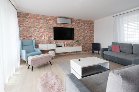Cabinet and TV in living room of modern house