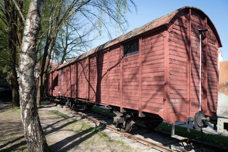 BANSKA BYSTRICA, SLOVAKIA - APR 18, 2020: Cattle truck used for mass deportation of Jews in open-air...