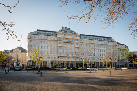 BRATISLAVA, SLOVAKIA - APR 7, 2020: Carlton hotel in the Old Town and empty POH square during Coronavirus pandemic, Bratislava, Slovakiaのeditorial素材