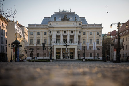 BRATISLAVA, SLOVAKIA - APR 7, 2020: Slovak National Theater and empty city streets of Bratislava...