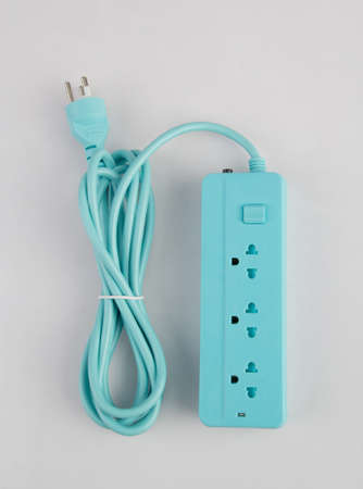 Empty light blue electric plug, three sockets with long cable isolated on white background