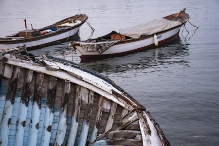 Old boat skeleton. Fishing boats. Detail shot. writing area Background.の写真素材