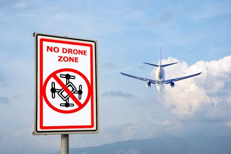 Drone flying is prohibited. Aircraft Alarm Sign. Writing area