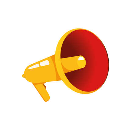 Vector vintage poster with yellow and red retro megaphone. Megaphone on a white background. Advertising, promotion. Vector illustrationのイラスト素材
