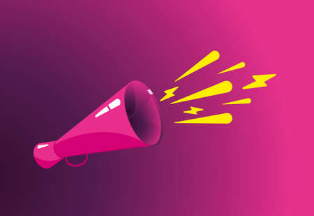 Vector vintage poster with pink and purple retro megaphone. Electric icon Megaphone on a pink and purple background. Advertising, promotion. Vector illustrationのイラスト素材