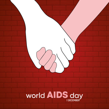 World AIDS Day post in front of a red brick wall. Aids day message holding hands. Square Design. Red brick wall background.のイラスト素材