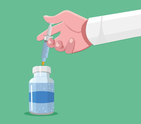 Ampoule and syringe with medicine in hand. Vaccination concept. Infectious disease. Injection syringe needles. Medical equipment. Healthcare, hospital and medical diagnosis. Illustration of modern.のイラスト素材
