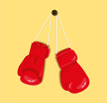 Red boxing gloves hanging on the wall nail. Modern boxing design icon.のイラスト素材
