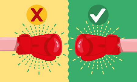 The boxing fight with a clear winner. Boxing gloves fight icon. War emblem vector illustration.のイラスト素材