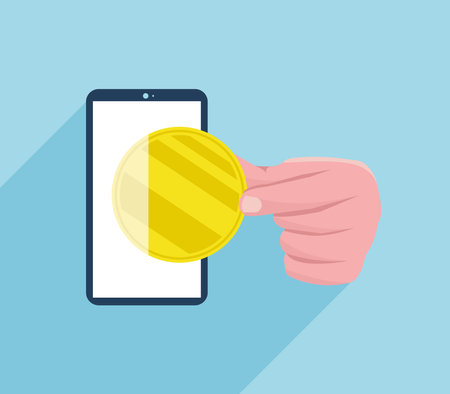 Money comes out of the phone. The human hand takes the money from inside the phone. The concept of money-making applications, online piggy bank, money transfers.のイラスト素材