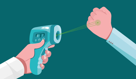 COVID-19 Coronavirus flu patient, doctor with high fever concept, holding an infrared thermometer to measure body temperature. Blue backgroundのイラスト素材