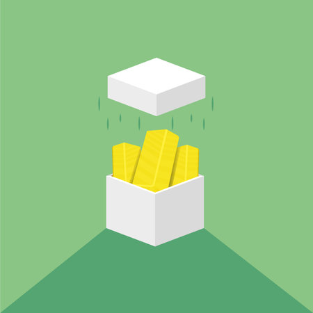 Gold bars coming out of the white square box. Flat cartoon illustration. Gold bars or ingot. The box opened towards the air.のイラスト素材