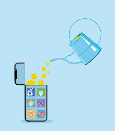 Money is spent on phone apps. Money is transferred to areas such as games, applications and line operators. Money is poured into the phone with the representation of watering money manually.のイラスト素材