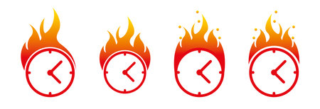 Flames are coming out of the clock icon. Red dial Clock is set with a stopwatch to stop the time. Time zones are set. Stopwatch drawing. Symbol of speed. Flat sign symbols logo illustration isolated.のイラスト素材