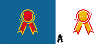 Different ribbon medal and trophy icons logo. First place medal, winner and award logo. Get vector icon illustration sign. Award vector icon. Modern logo graphic line art design icons.のイラスト素材