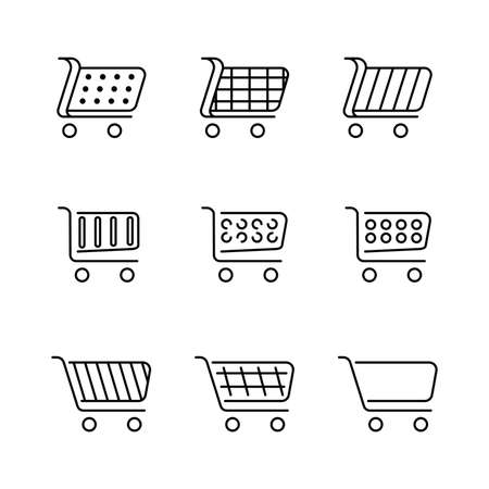 Set of 9 different shopping cart icons. Collection of web icons from various shopping cart icons in various shapes for online store. Add to cart website symbols, user interface pictograms. Art line.のイラスト素材