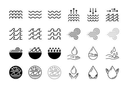 Set of 24 icon designs with the same and different line thickness, such as different sea waves, water wind, hand water, climate. Logo design, websites and designs.のイラスト素材