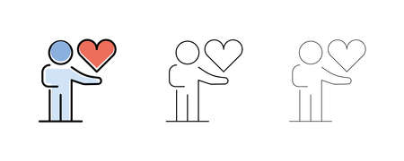 A person holds heart in hand, gift giving icon icon. Love line icons. Couple, Romance and Heart reviews. Valentine's day poems. Quality design elements. Editable contour. Modern line art icon.のイラスト素材
