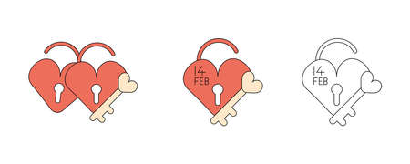 The key to the heart and unlocked. Valentine's day thin line icon set. February 14 Valentine's Day. White simple February 14 black and color symbol. Web design, logo design, poster posterのイラスト素材