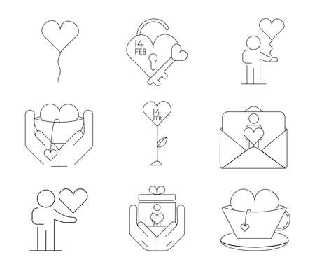 Icon icon set such as balloon from heart, gift box in hand, flower from heart. Gift icon set of 9. Valentine's day thin line icon set. modern line art.のイラスト素材