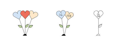 Flowers from the heart. Male and female heart symbol in different colors. Valentine's day thin line icon set. February 14 Valentine's Day. White simple February 14 black and color symbol.のイラスト素材