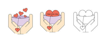 Gift box with heart in hand. Valentine thin line icon set. February 14 Valentine's Day. Simple february 14 black and color symbol on white. Web-design, logo design, banner banner. Vector Illustrationのイラスト素材