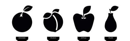 Fruit icons. Pear, apple, orange and peach silhouette vector icon illustration in black color isolated on white background. Silet fruit icon. Modern line art design.のイラスト素材
